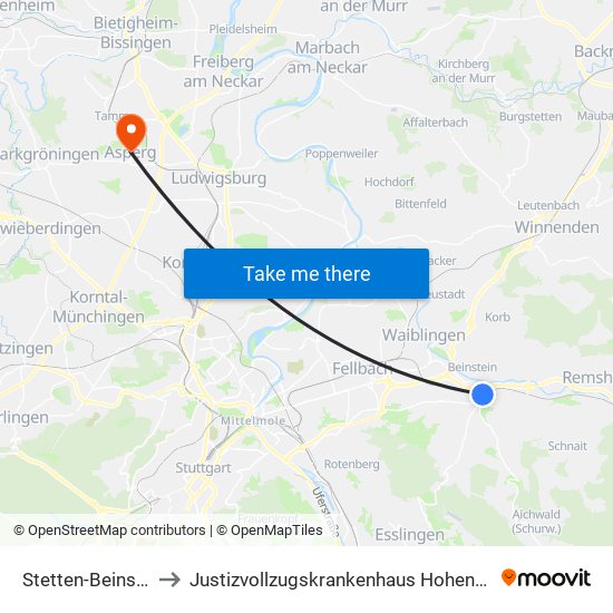Stetten-Beinstein to Justizvollzugskrankenhaus Hohenasperg map