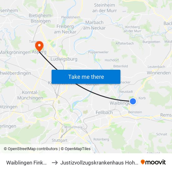 Waiblingen Finkenberg to Justizvollzugskrankenhaus Hohenasperg map
