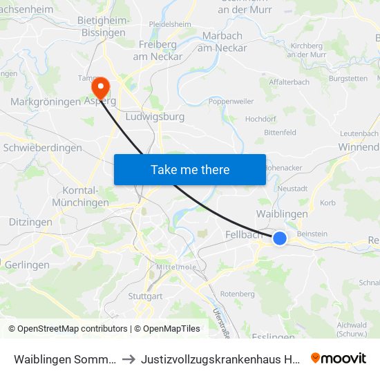 Waiblingen Sommerhalde to Justizvollzugskrankenhaus Hohenasperg map