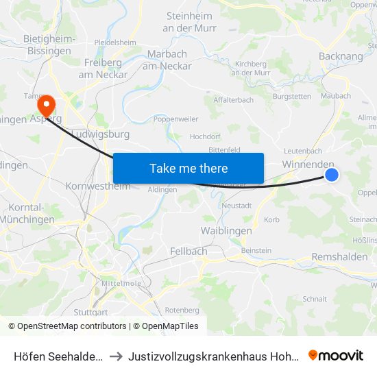 Höfen Seehaldenweg to Justizvollzugskrankenhaus Hohenasperg map