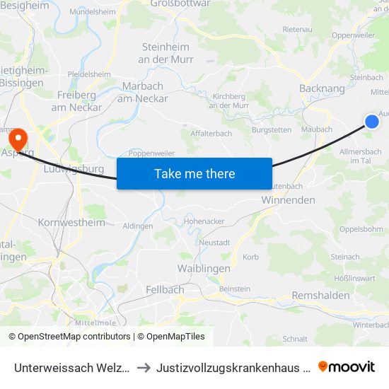 Unterweissach Welzheimer Str. to Justizvollzugskrankenhaus Hohenasperg map