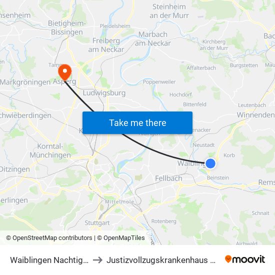 Waiblingen Nachtigallenweg to Justizvollzugskrankenhaus Hohenasperg map