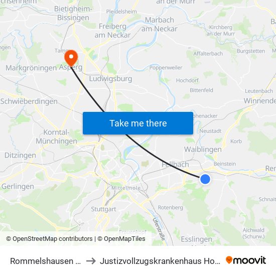 Rommelshausen Karlstr. to Justizvollzugskrankenhaus Hohenasperg map