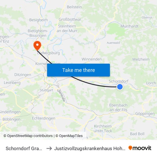 Schorndorf Grauhalde to Justizvollzugskrankenhaus Hohenasperg map