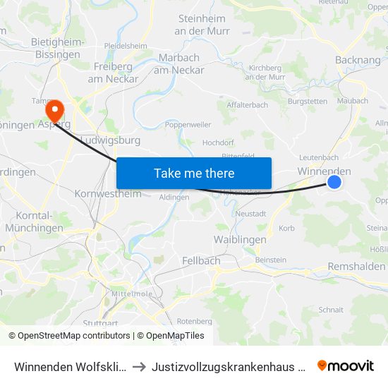Winnenden Wolfsklingenweg to Justizvollzugskrankenhaus Hohenasperg map