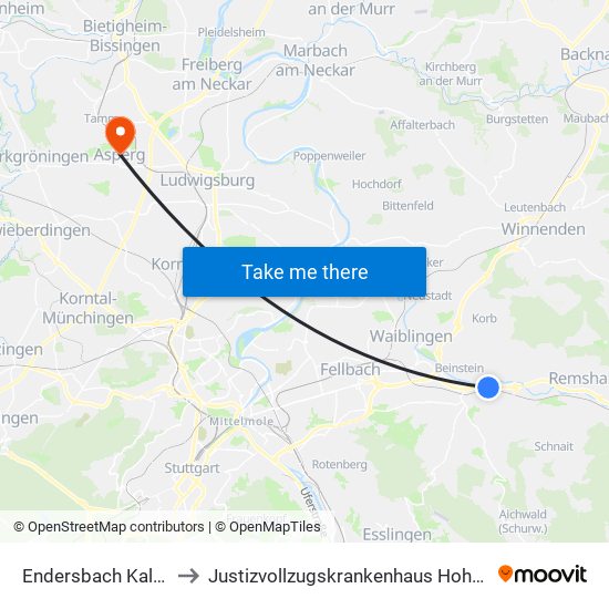 Endersbach Kalkofen to Justizvollzugskrankenhaus Hohenasperg map