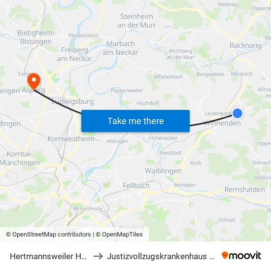 Hertmannsweiler Heckenweg to Justizvollzugskrankenhaus Hohenasperg map