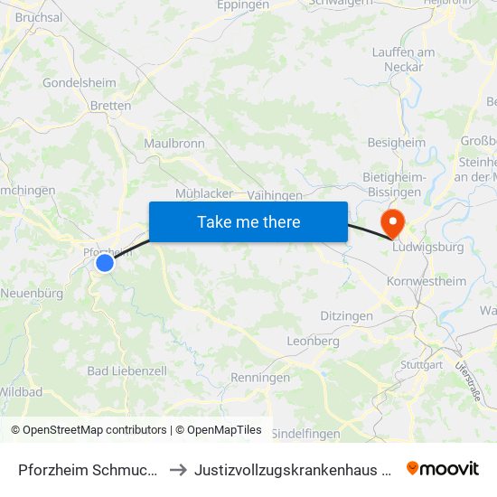 Pforzheim Schmuckmuseum to Justizvollzugskrankenhaus Hohenasperg map