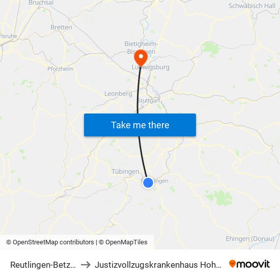 Reutlingen-Betzingen to Justizvollzugskrankenhaus Hohenasperg map