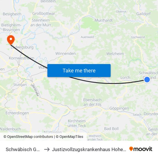 Schwäbisch Gmünd to Justizvollzugskrankenhaus Hohenasperg map