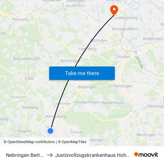 Nebringen Bettäcker to Justizvollzugskrankenhaus Hohenasperg map