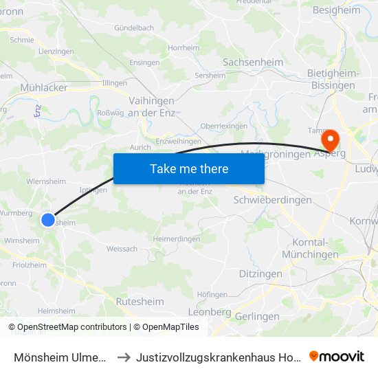 Mönsheim Ulmenstraße to Justizvollzugskrankenhaus Hohenasperg map