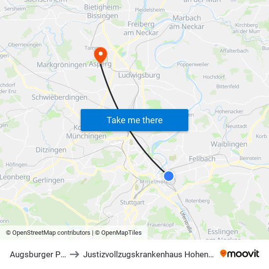 Augsburger Platz to Justizvollzugskrankenhaus Hohenasperg map