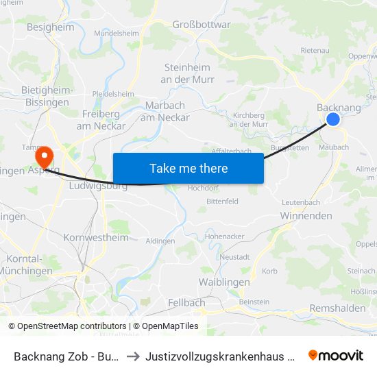 Backnang Zob - Bussteig 1a to Justizvollzugskrankenhaus Hohenasperg map