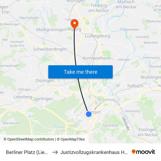 Berliner Platz (Liederhalle) to Justizvollzugskrankenhaus Hohenasperg map