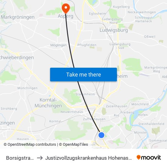 Borsigstraße to Justizvollzugskrankenhaus Hohenasperg map