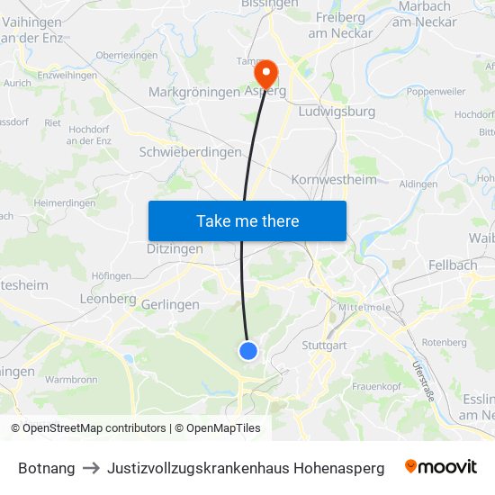 Botnang to Justizvollzugskrankenhaus Hohenasperg map