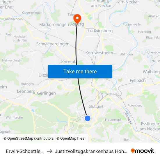 Erwin-Schoettle-Platz to Justizvollzugskrankenhaus Hohenasperg map