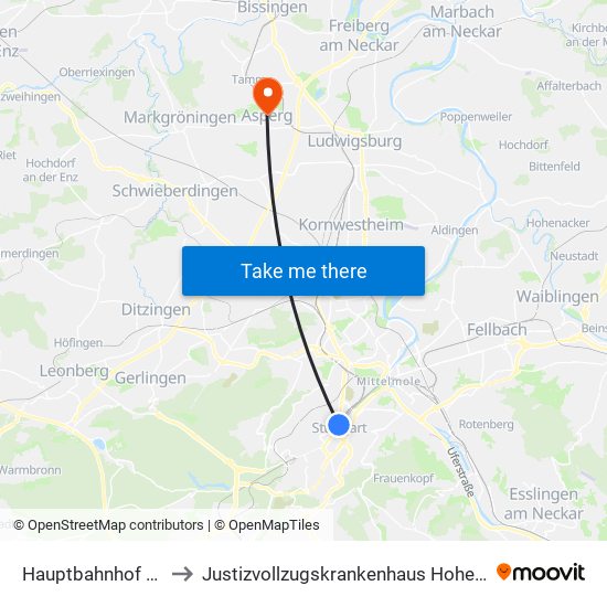 Hauptbahnhof (Tief) to Justizvollzugskrankenhaus Hohenasperg map