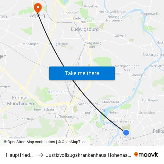 Hauptfriedhof to Justizvollzugskrankenhaus Hohenasperg map