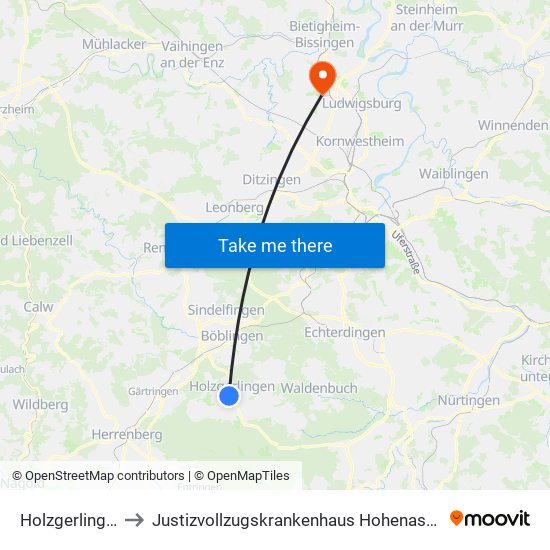 Holzgerlingen to Justizvollzugskrankenhaus Hohenasperg map