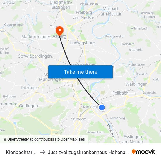 Kienbachstraße to Justizvollzugskrankenhaus Hohenasperg map