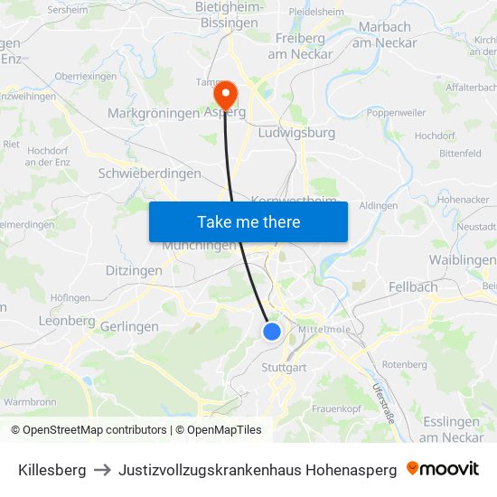 Killesberg to Justizvollzugskrankenhaus Hohenasperg map