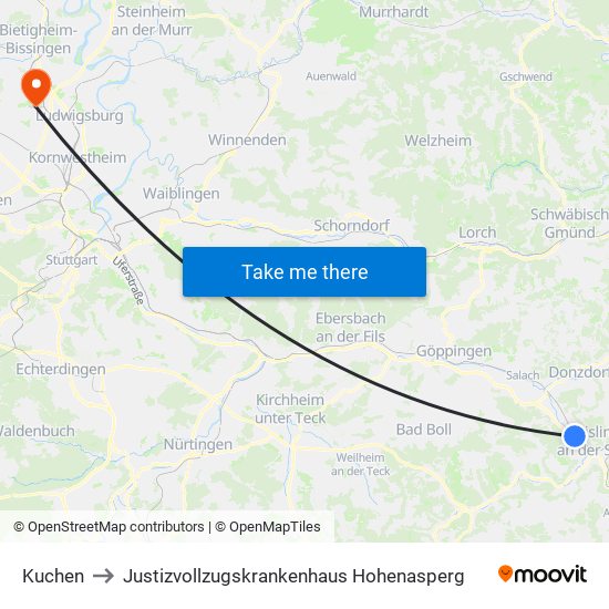 Kuchen to Justizvollzugskrankenhaus Hohenasperg map