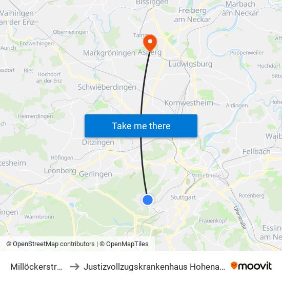 Millöckerstraße to Justizvollzugskrankenhaus Hohenasperg map