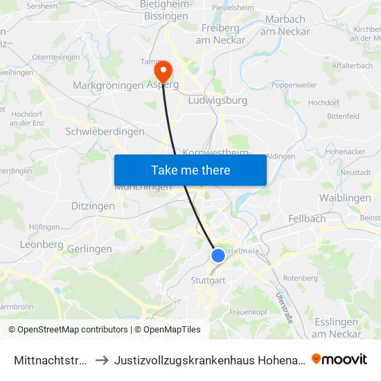 Mittnachtstraße to Justizvollzugskrankenhaus Hohenasperg map