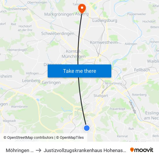 Möhringen Bf to Justizvollzugskrankenhaus Hohenasperg map