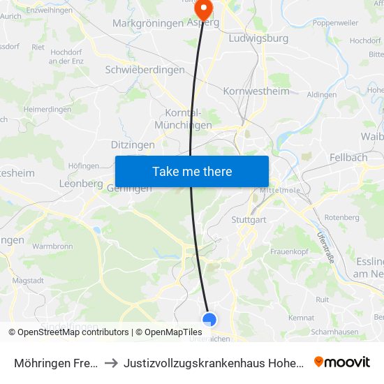 Möhringen Freibad to Justizvollzugskrankenhaus Hohenasperg map