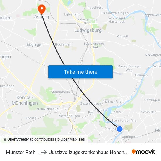 Münster Rathaus to Justizvollzugskrankenhaus Hohenasperg map