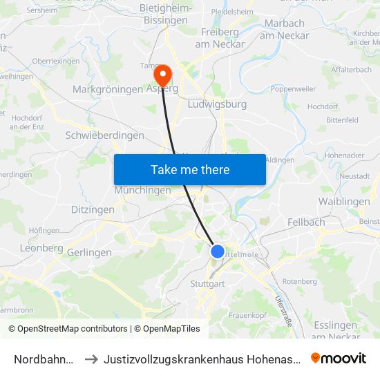 Nordbahnhof to Justizvollzugskrankenhaus Hohenasperg map