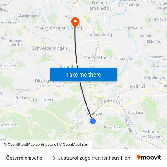 Österreichischer Platz to Justizvollzugskrankenhaus Hohenasperg map