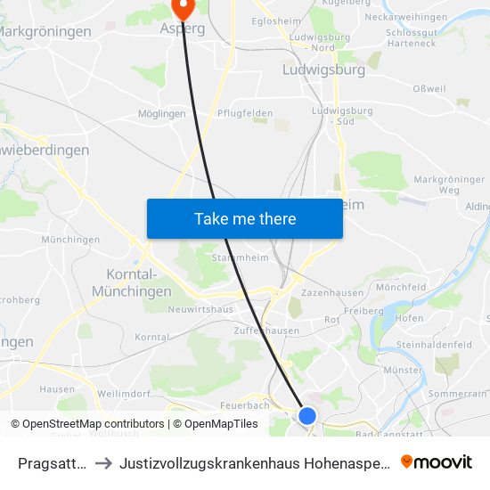 Pragsattel to Justizvollzugskrankenhaus Hohenasperg map