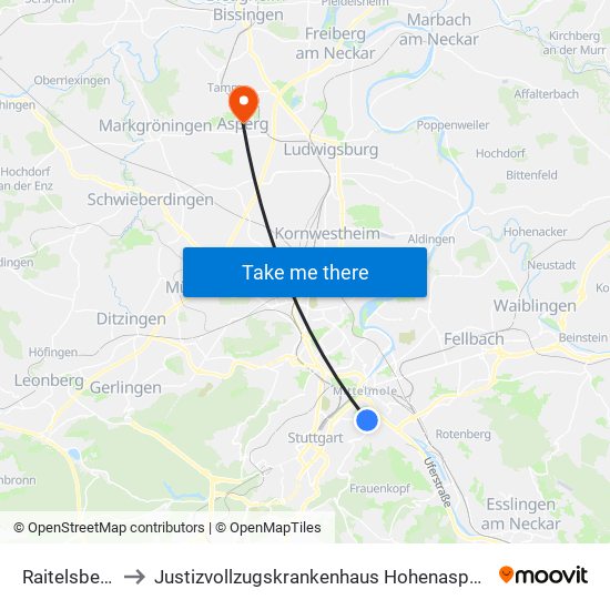Raitelsberg to Justizvollzugskrankenhaus Hohenasperg map