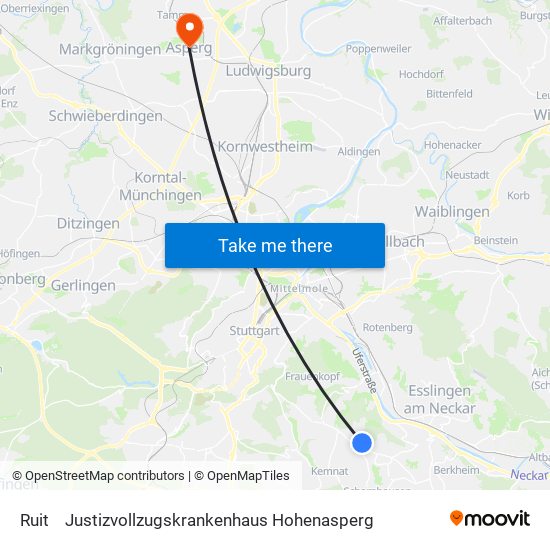 Ruit to Justizvollzugskrankenhaus Hohenasperg map