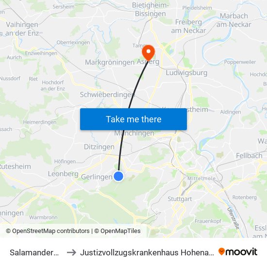Salamanderweg to Justizvollzugskrankenhaus Hohenasperg map