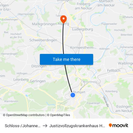 Schloss-/Johannesstraße to Justizvollzugskrankenhaus Hohenasperg map