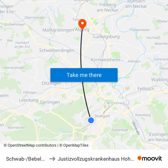 Schwab-/Bebelstraße to Justizvollzugskrankenhaus Hohenasperg map