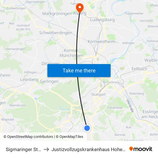 Sigmaringer Straße to Justizvollzugskrankenhaus Hohenasperg map