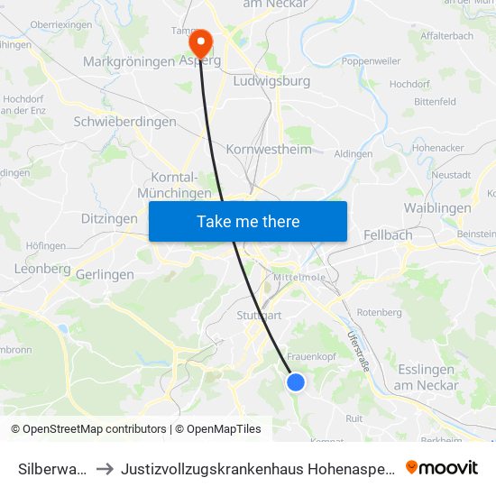 Silberwald to Justizvollzugskrankenhaus Hohenasperg map