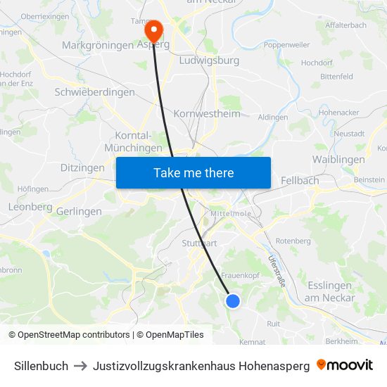 Sillenbuch to Justizvollzugskrankenhaus Hohenasperg map