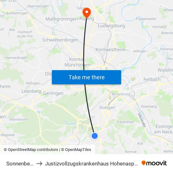Sonnenberg to Justizvollzugskrankenhaus Hohenasperg map