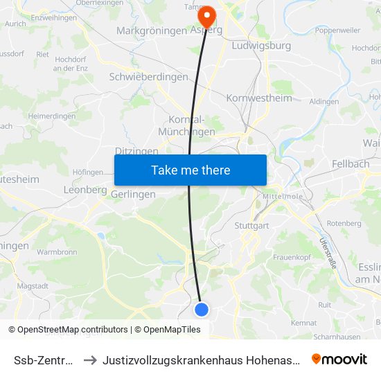 Ssb-Zentrum to Justizvollzugskrankenhaus Hohenasperg map