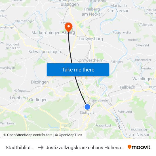 Stadtbibliothek to Justizvollzugskrankenhaus Hohenasperg map