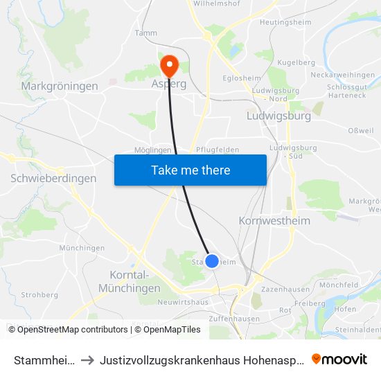 Stammheim to Justizvollzugskrankenhaus Hohenasperg map