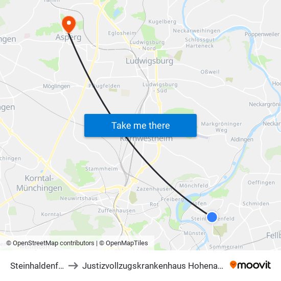 Steinhaldenfeld to Justizvollzugskrankenhaus Hohenasperg map