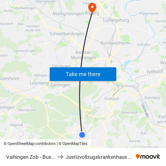 Vaihingen Zob - Bussteige 5-6 to Justizvollzugskrankenhaus Hohenasperg map